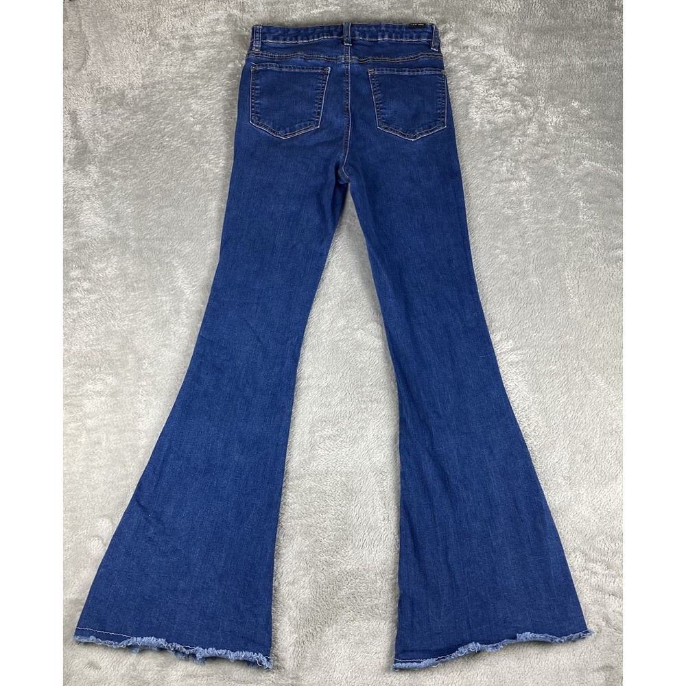 Almost Famous Jeans Size 7 26x30 Blue Denim Bell Bottom Flare Distressed Stretch - Picture 2 of 16